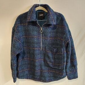 Pull & Bear Wool Blend 1/4 Zip Pullover Jacket Men's Small Blue Plaid Lined